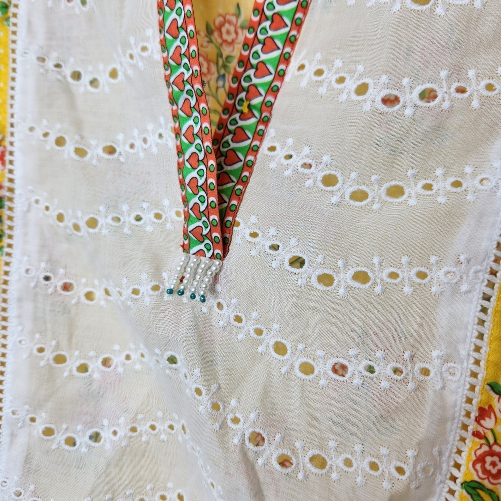 Leisure Club Prints Yellow Floral White Eyelet Tunic Dress Size 6-7 - Picture 2 of 7